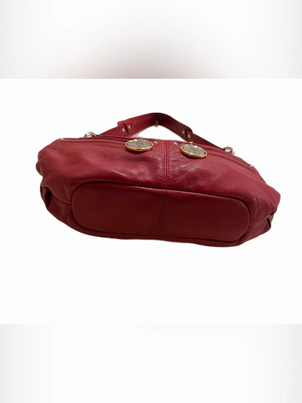 Red Leather Shoulder Bag with Gold Medallion Accents